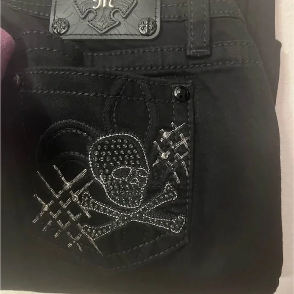 Miss Me Black Boot Cut Jeans with Silver Skull Design - Picture 2 of 3